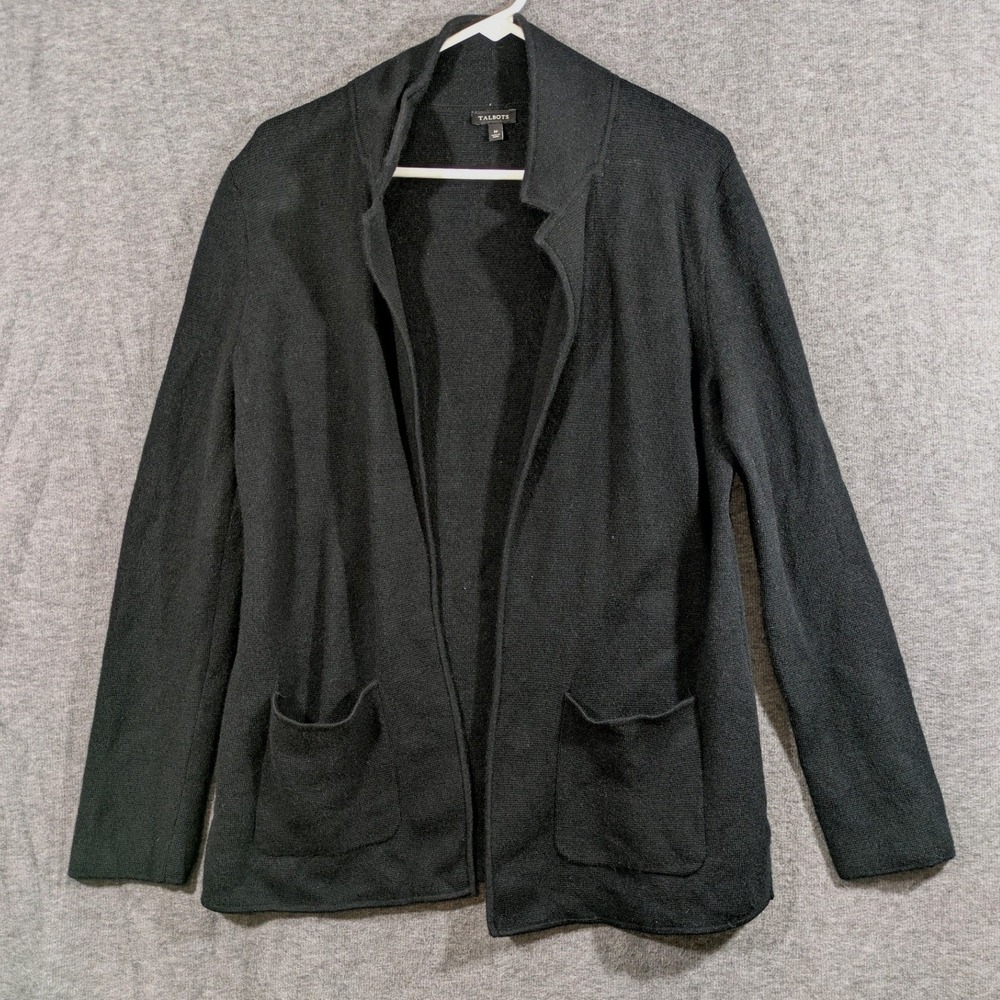 Talbots Womens Black Merino Wool Blend Open Front Cardigan Sweater Pockets Sz M
